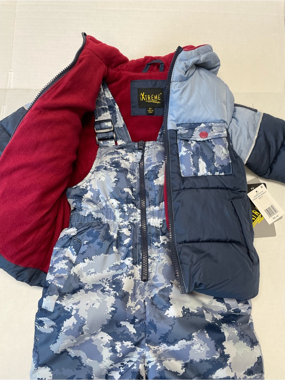 NWT iXtreme Boys 2T Coat Snow Pants Suit Blue Camouflage Zipper Pockets Winter